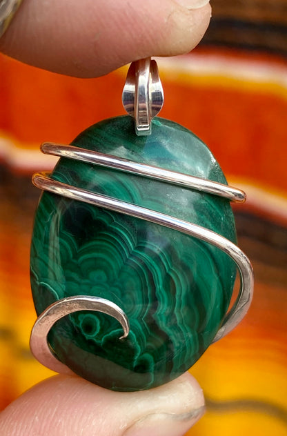 Malachite Cabochon in Sterling Silver Tension Wrapped Pendant