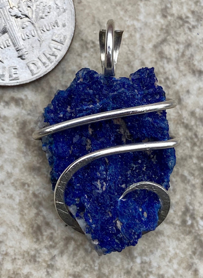 Azurite Druzy in Sterling Silver Tension Wrapped Pendant