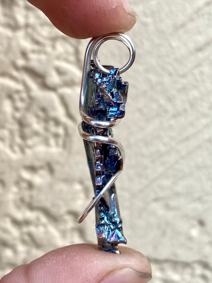 Bismuth Crystal in Sterling Silver Tension Wrapped Pendant