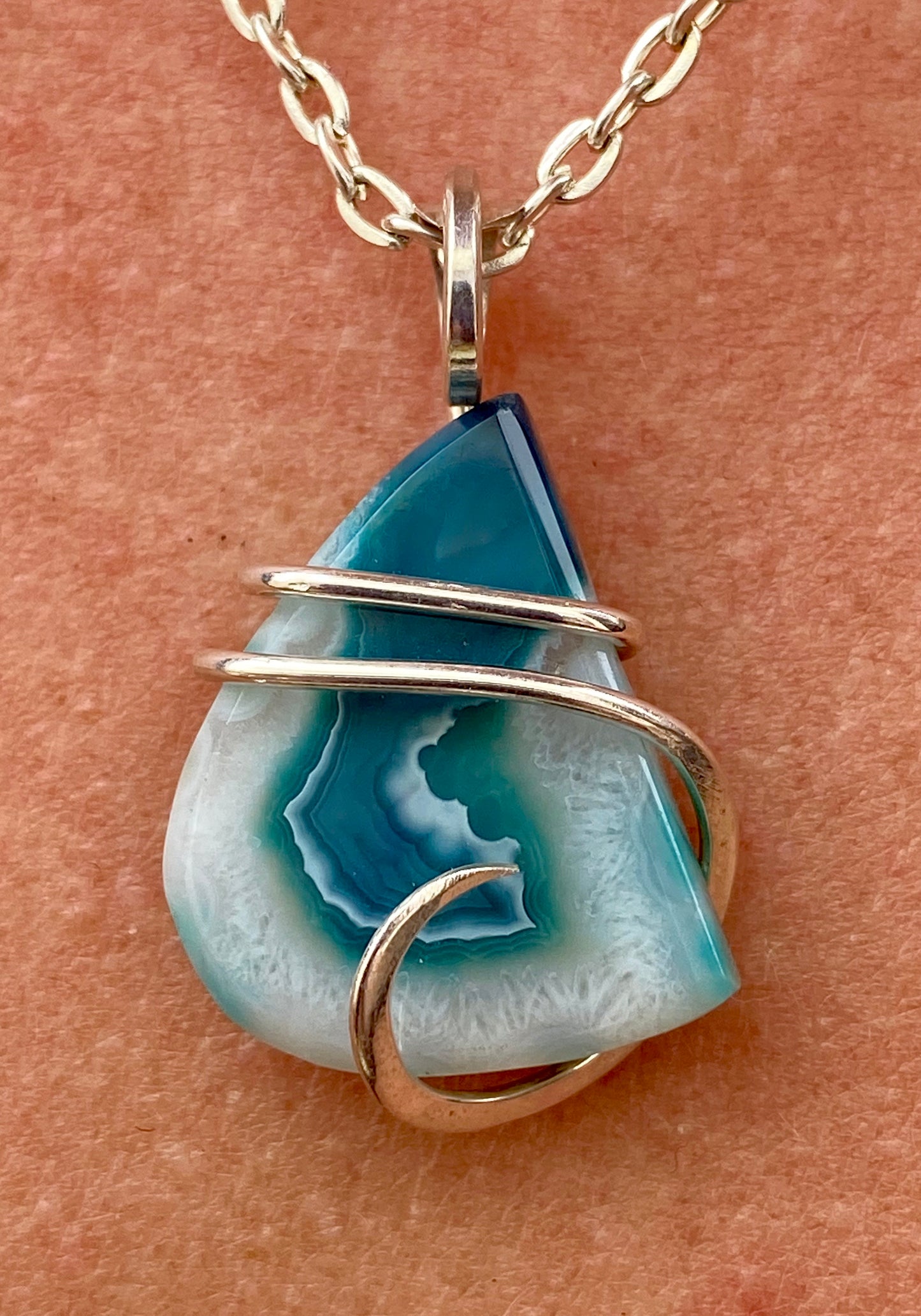 Dyed Agate Slice in Sterling Silver Tension Wrapped Pendant