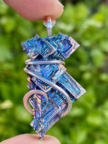 Bismuth Crystal in Sterling Silver Tension Wrapped Pendant