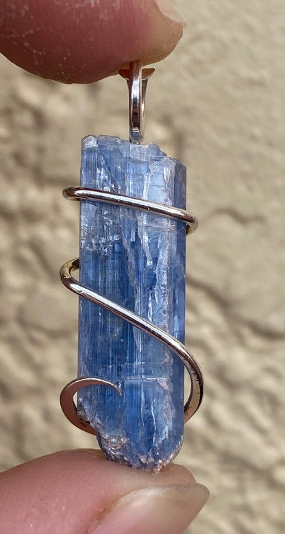 Blue Kyanite Crystal in Sterling Silver Tension Wrapped Pendant