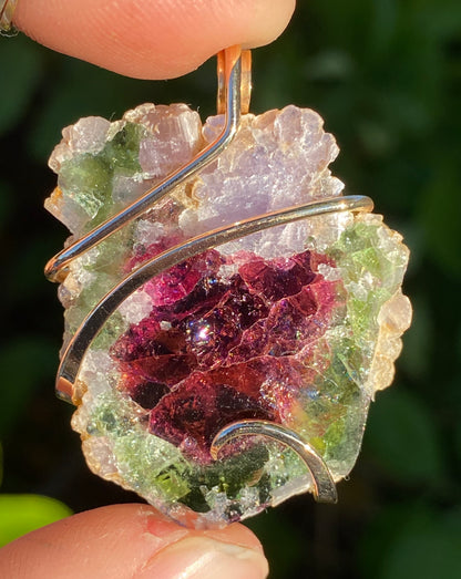 Watermelon Tourmaline Slice in 14kt Gold Tension Wrapped Pendant