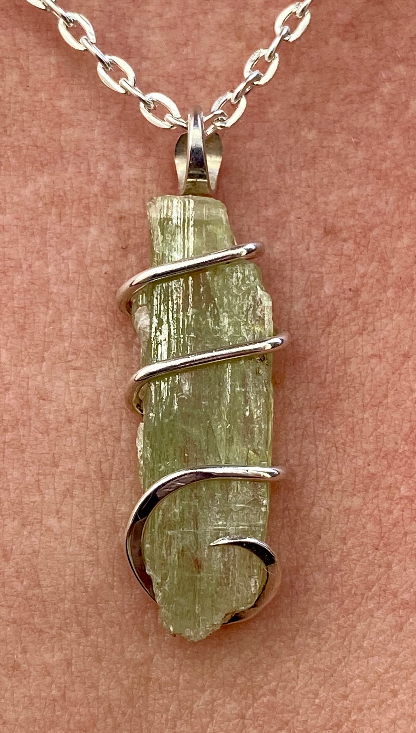 Green Kyanite Crystal in Sterling Silver Tension Wrapped Pendant