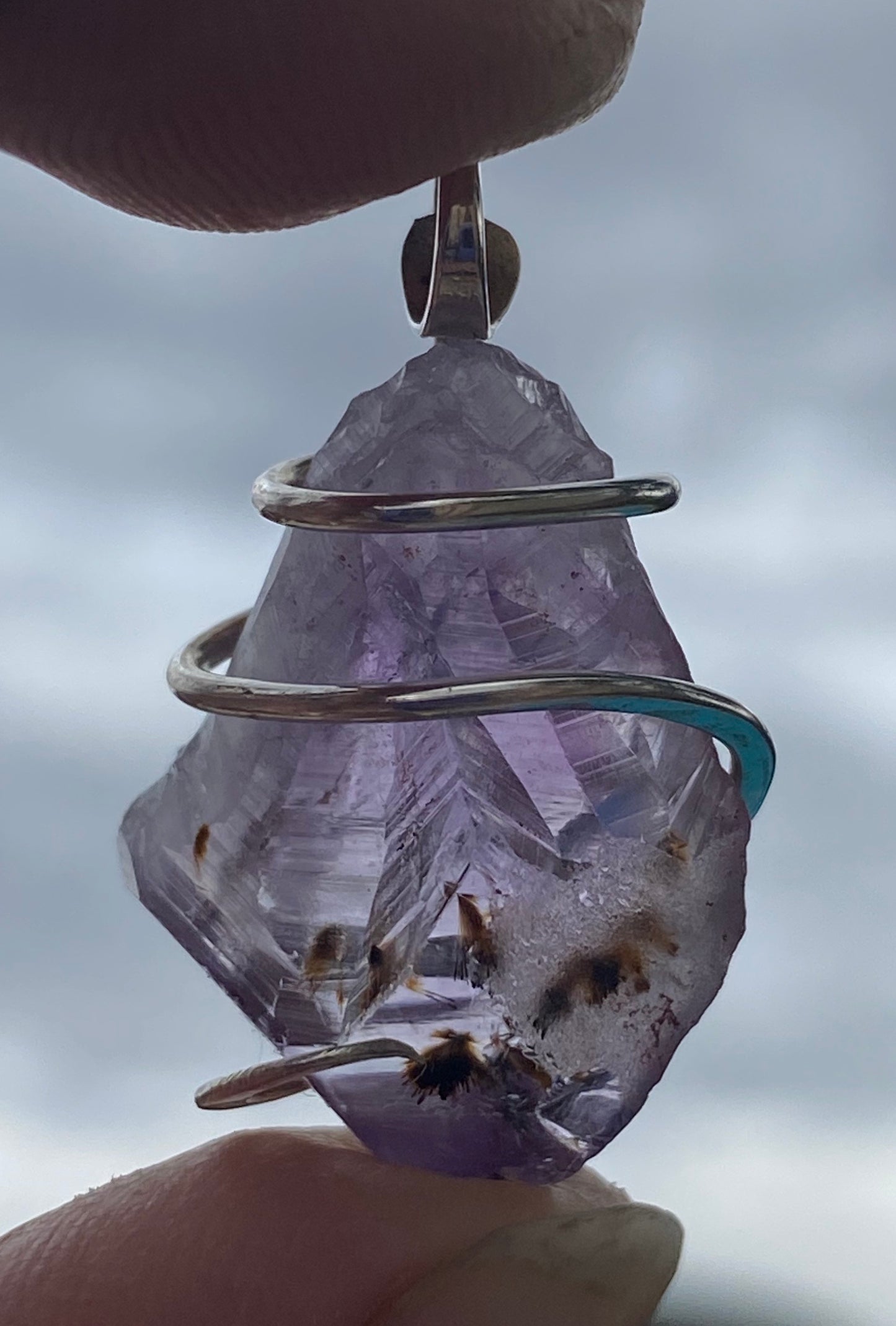 Amethyst Crystal in Sterling Silver Tension Wrapped Pendant