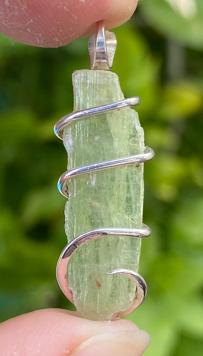 Green Kyanite Crystal in Sterling Silver Tension Wrapped Pendant