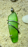 Green Sea Glass in Sterling Silver Tension Wrapped Pendant