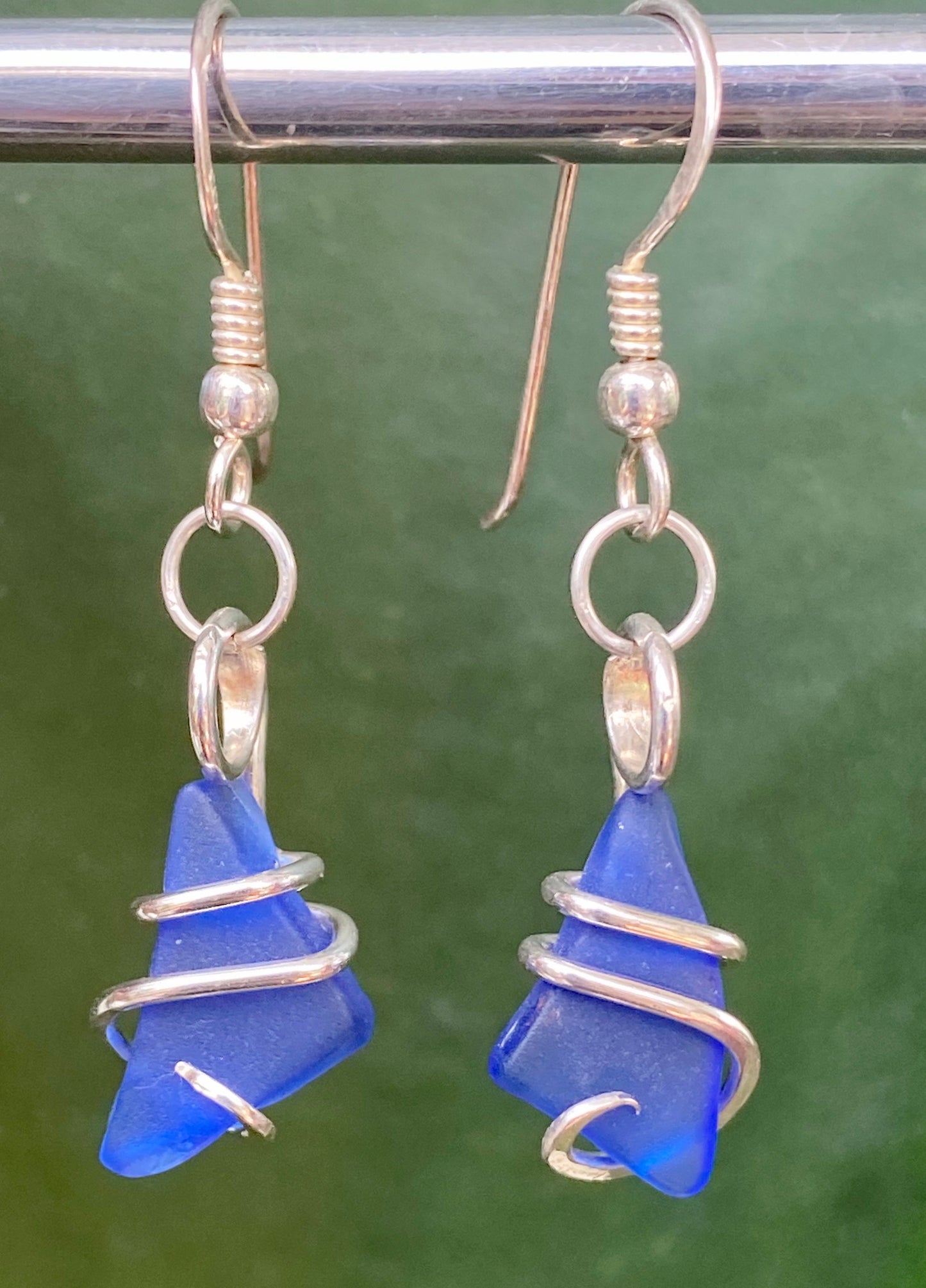 Blue Sea Glass Pair in Sterling Silver Tension Wrapped Earrings