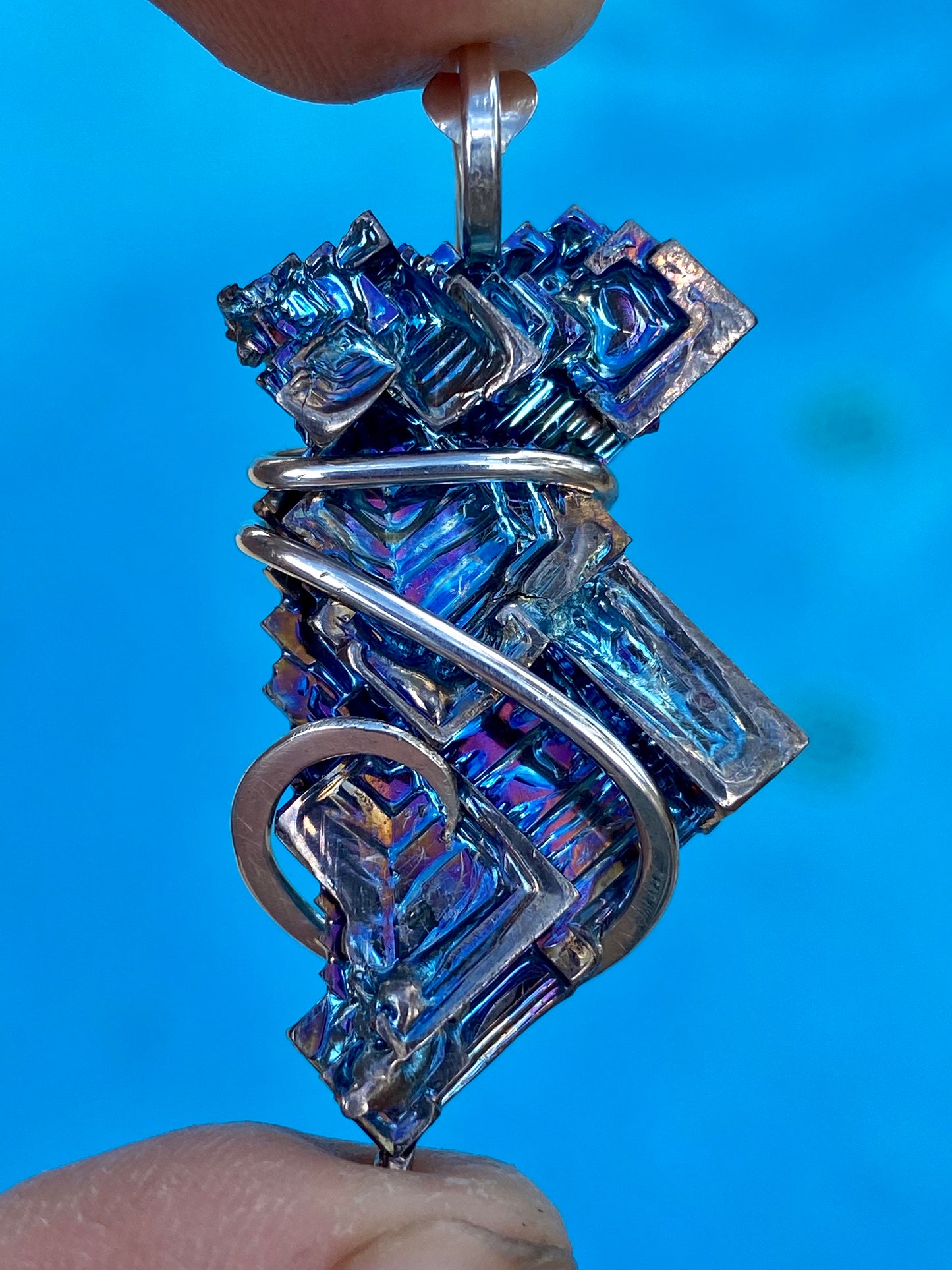 Bismuth Crystal in Sterling Silver Tension Wrapped Pendant