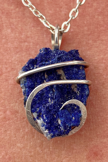 Azurite Druzy in Sterling Silver Tension Wrapped Pendant