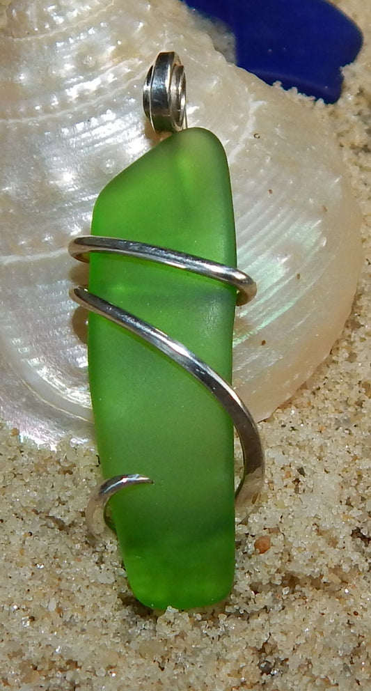 Green Sea Glass in Sterling Silver Tension Wrapped Pendant